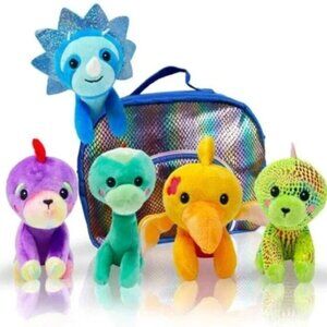 Pomkinz Carry Case with 5 Plush Baby Dinosaurs in Bright Colors New with Tag